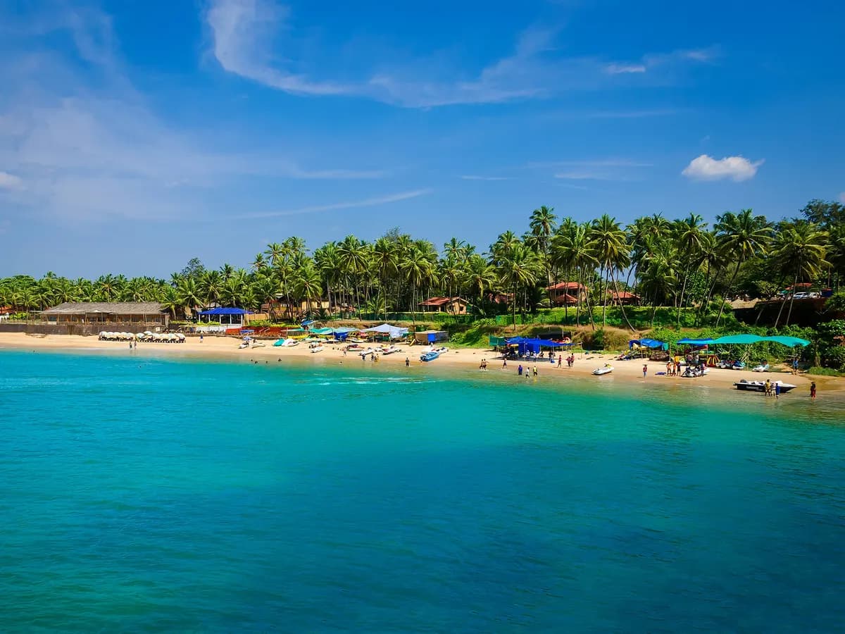 Turquoise water and palm-lined beach, South Goa