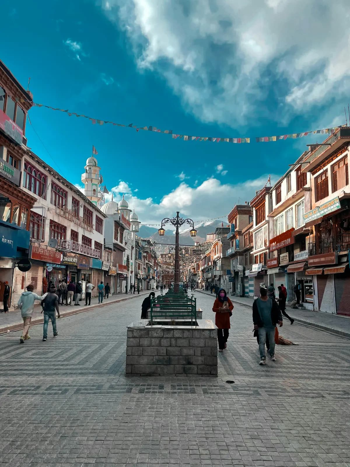 Leh's main market street with prayer flags overhead