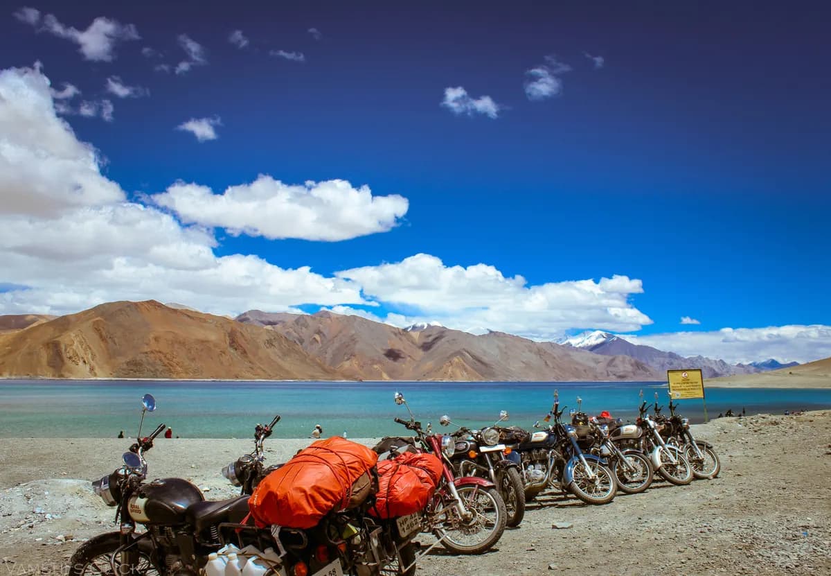 Motorbikes parked beside Pangong Lake, Ladakh