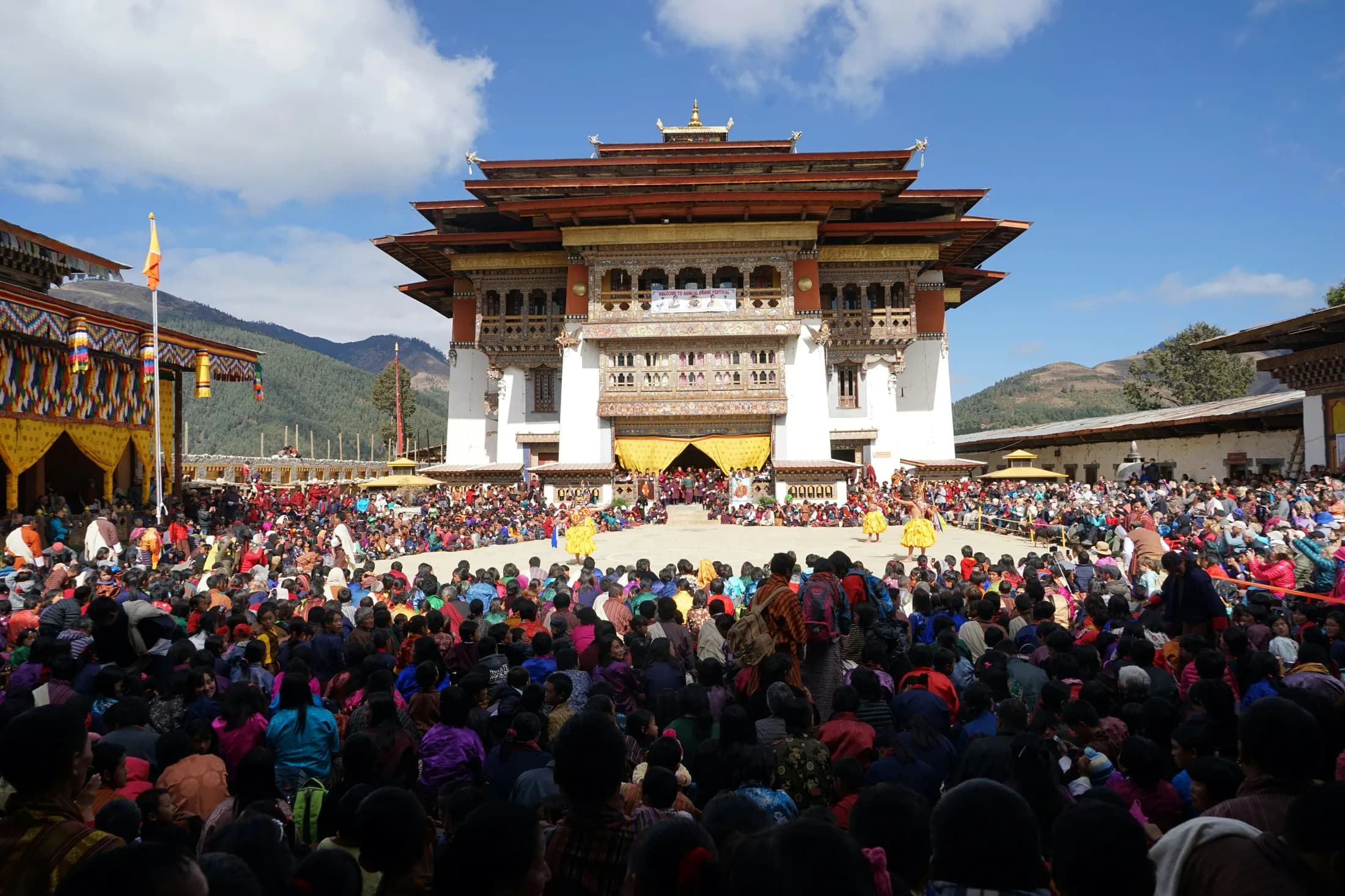 Crowds gathered at the Black-Necked Crane Festival in front of Gangtey Monastery