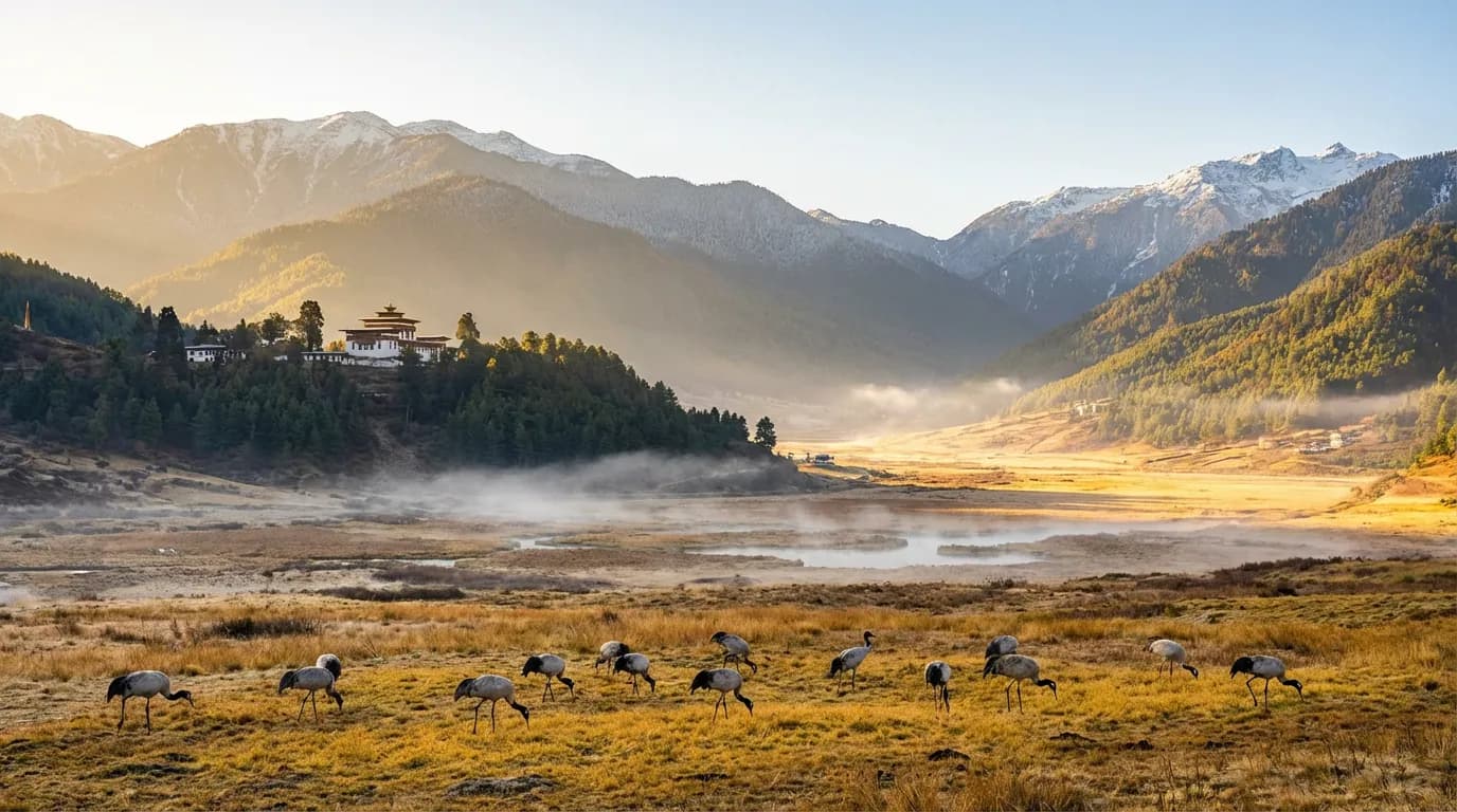 Gangtey Monastery above the misty Phobjikha Valley, with black-necked cranes in the foreground