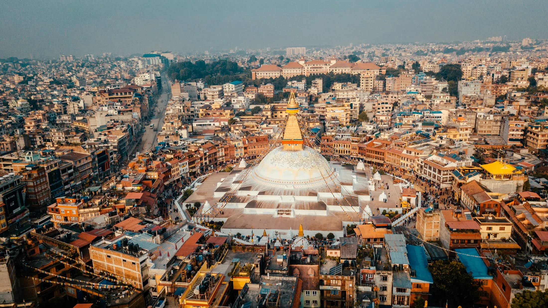 Aerial view of Boudhanath stupa and Kathmandu city