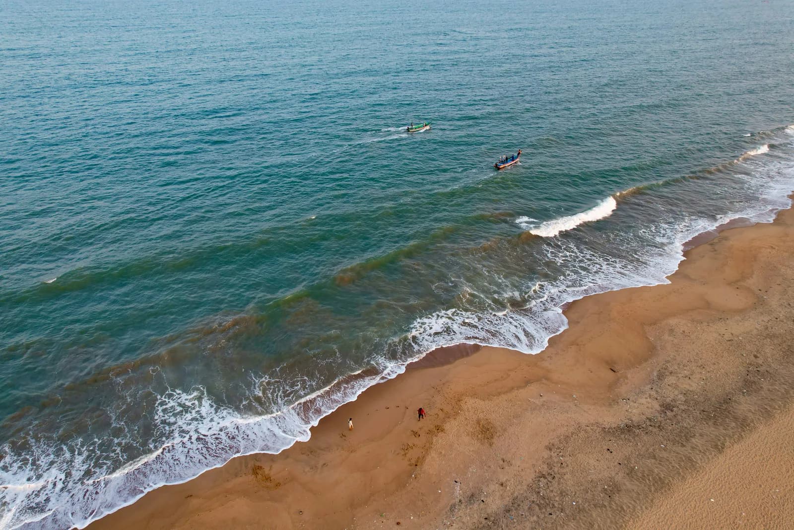 Aerial view of the Tamil Nadu coastline with fishing boats
