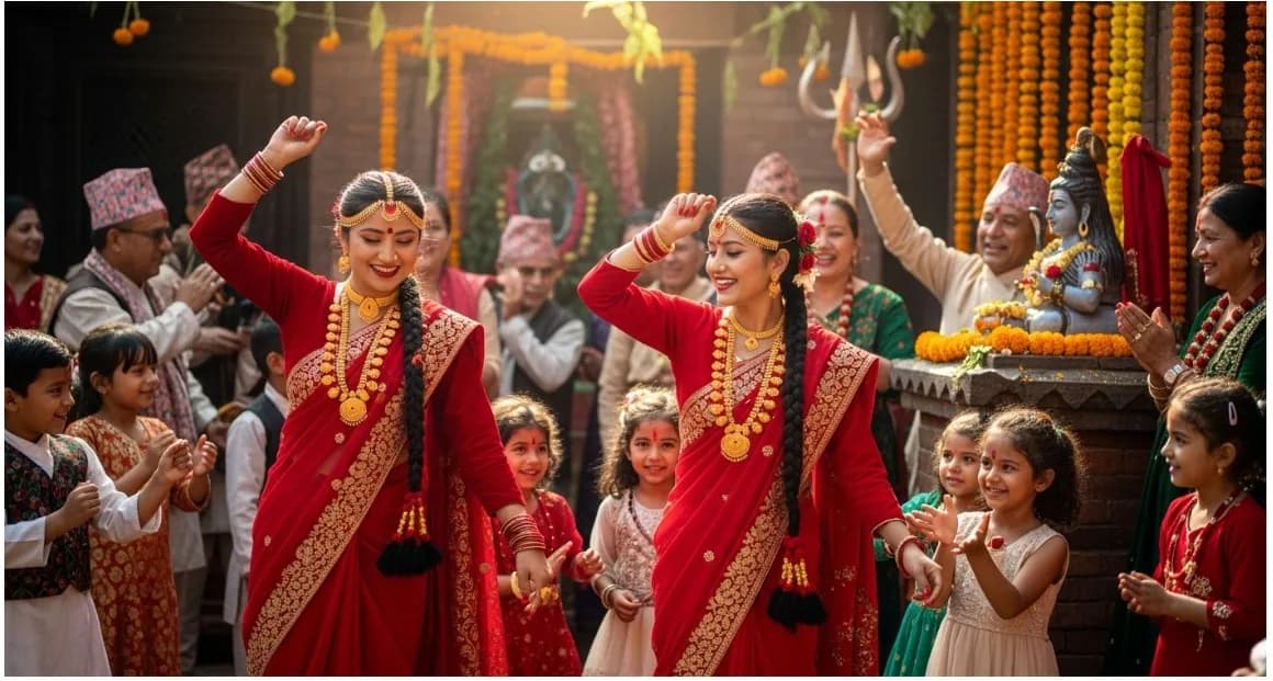Women celebrating Teej Festival in traditional red attire