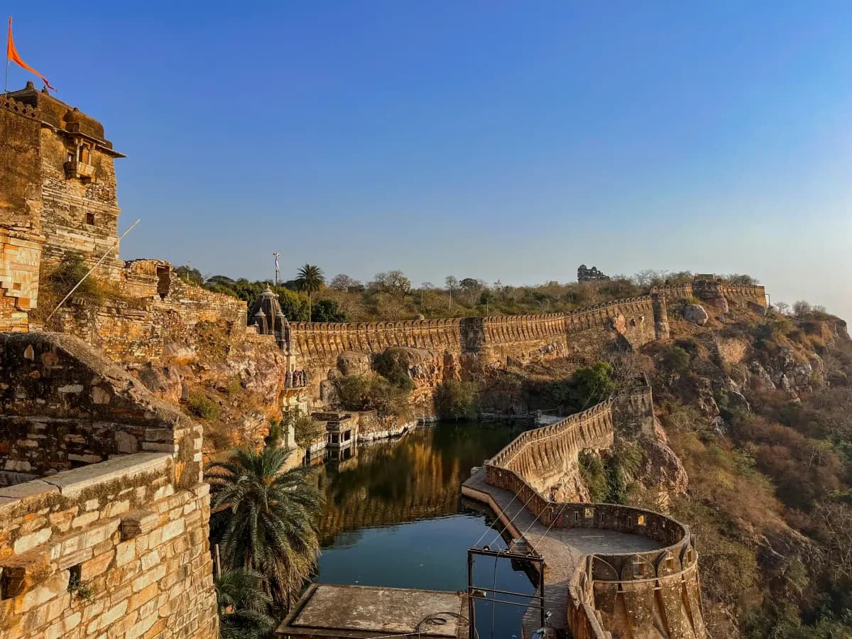 Chittorgarh Fort walls overlooking a reservoir