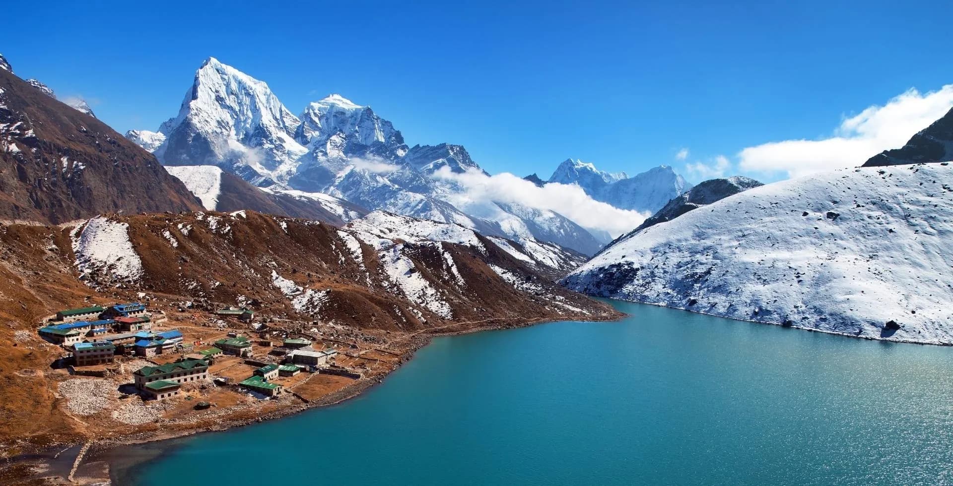 Turquoise Gokyo Lake ringed by snow peaks in the Everest region