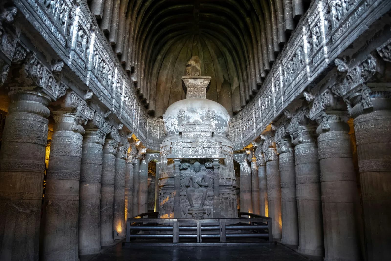 A rock-cut stupa hall inside the Ajanta Caves, Maharashtra