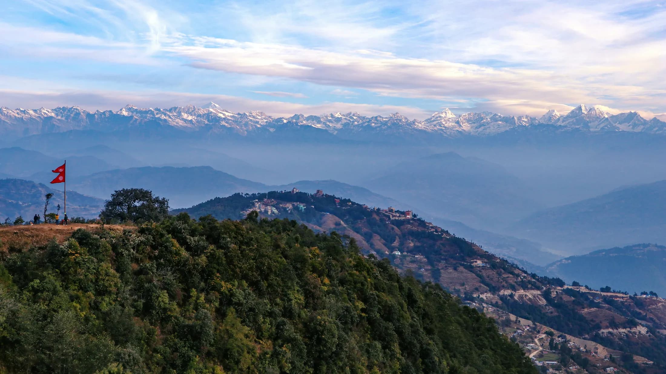 A wide Himalayan panorama seen from a hilltop viewpoint near Nagarkot