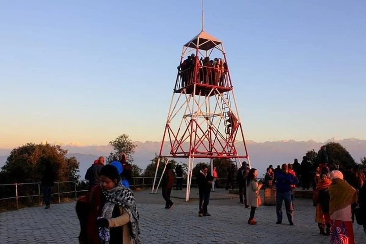 Visitors gathered at the Nagarkot View Tower for sunrise