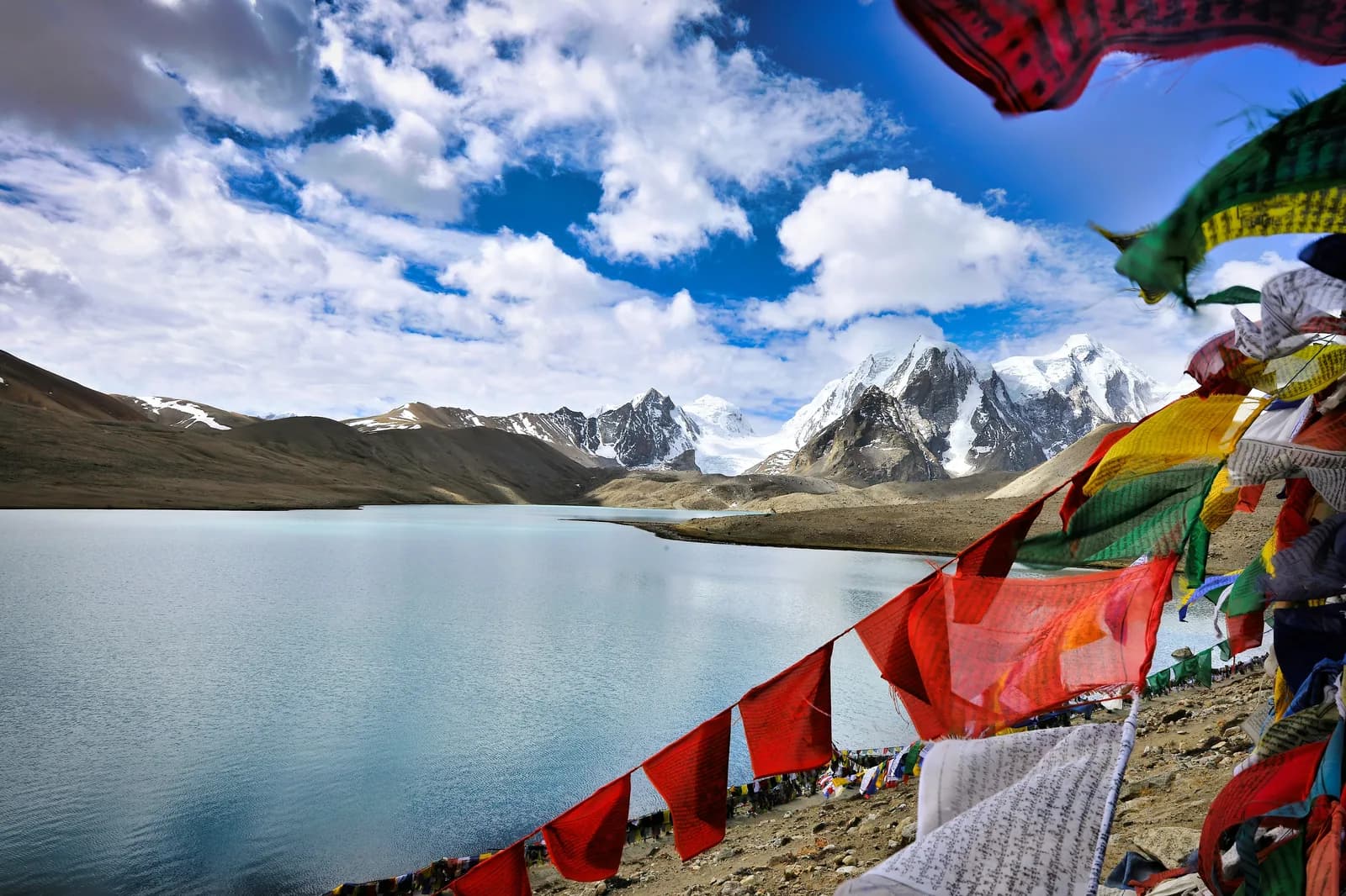 Gurudongmar Lake with prayer flags and snow-capped peaks, North Sikkim